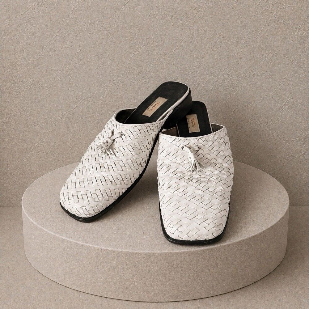 Vintage Talbots White Woven Leather Slip On Tassel Mule Block Heel Classic 11M